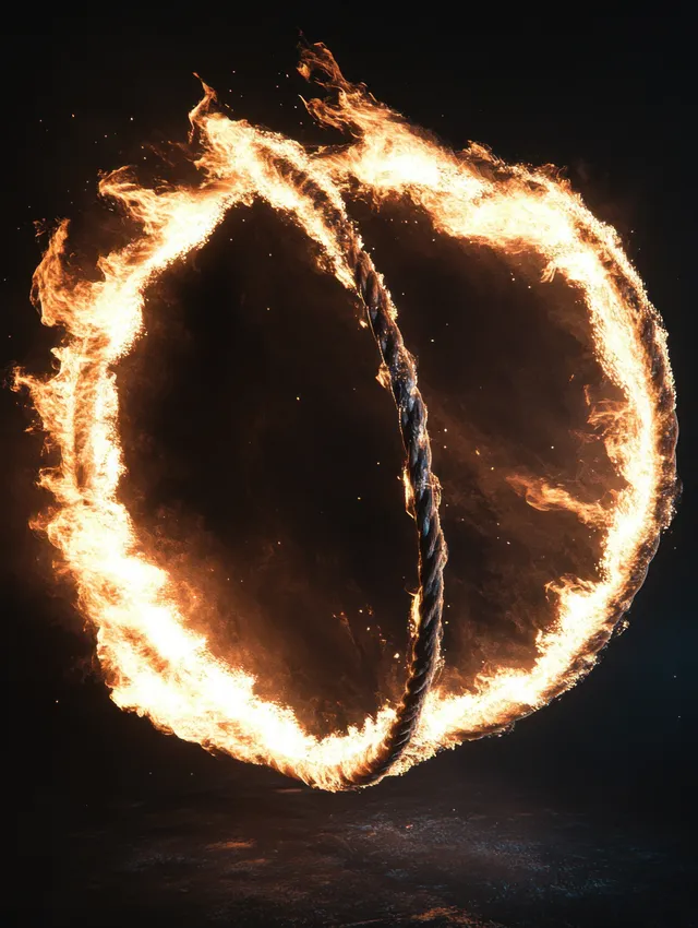 Intertwined burning ropes form a fiery circle, flames and sparks glowing against darkness