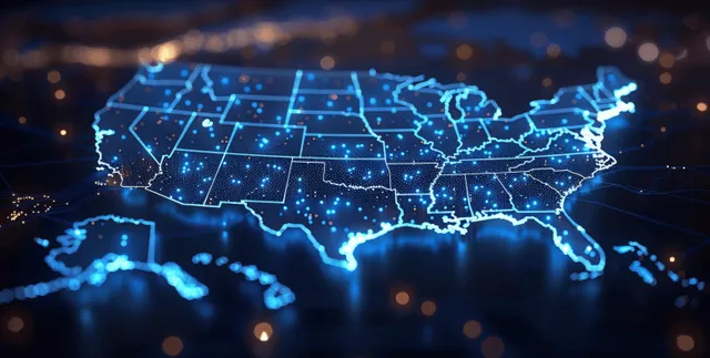 Dark digital US map with glowing blue lines connecting state regions and scattered data nodes.
