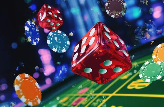 Red casino dice float above green felt while scattered chips glow under neon bokeh lighting.