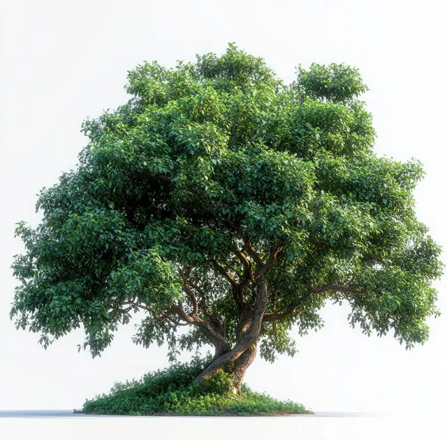 A lush green tree with a twisted trunk and dense canopy stands on small grass against a white background.