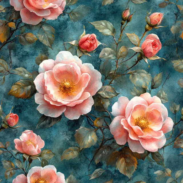 Watercolor pink roses and blossoms pattern on teal background with vintage shabby chic texture