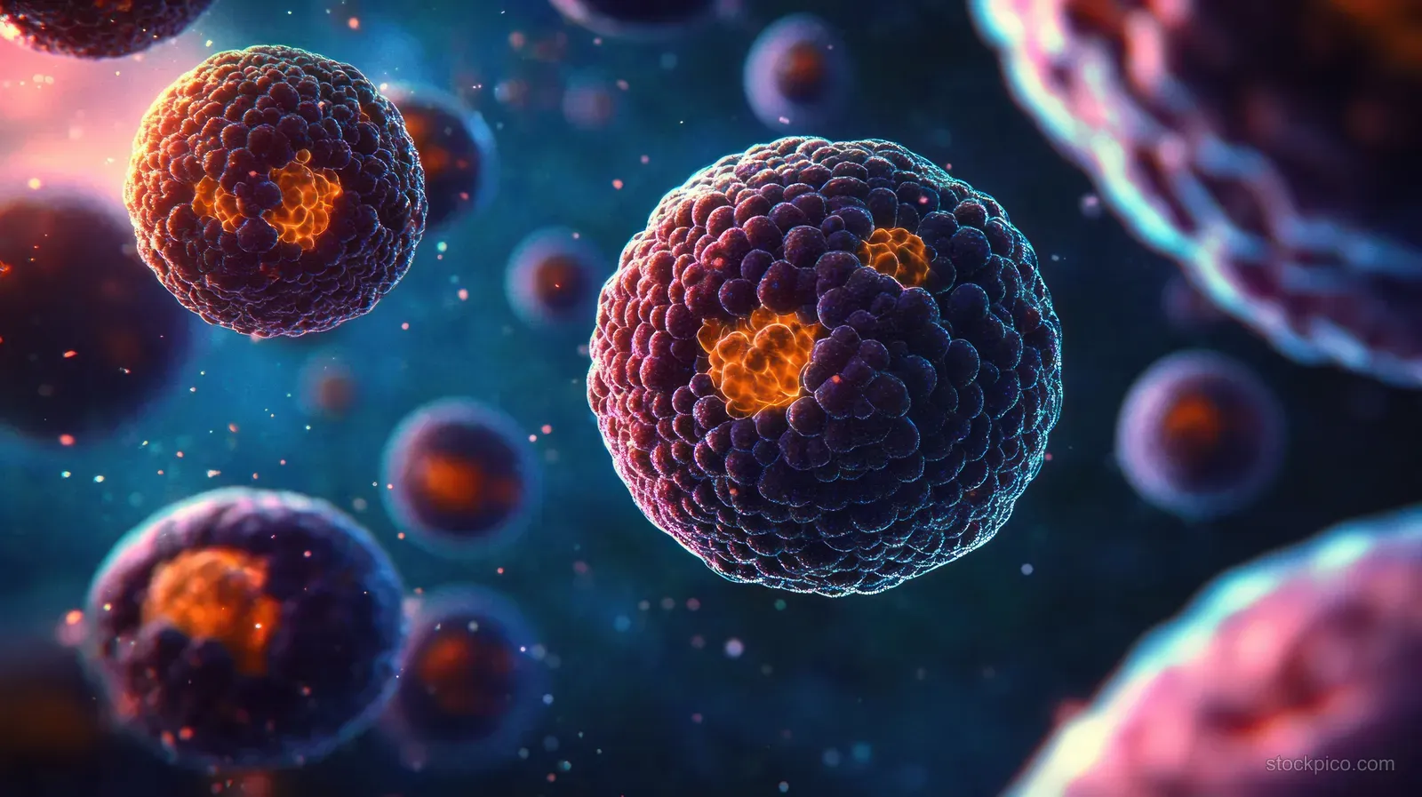 Glowing spherical microbes and bacterial cells float in a vibrant bloodstream-like background.