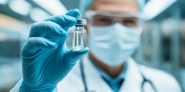 Gloved scientist holds a vaccine vial in a clinical lab with soft blue lighting