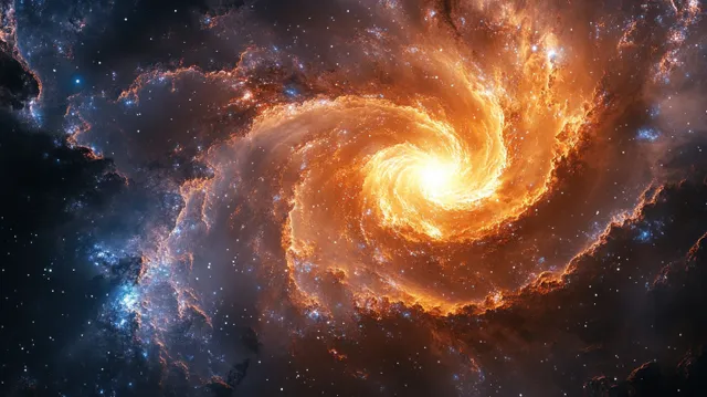 Spiral galaxy glowing with orange nebula clouds and swirling starlight in deep space