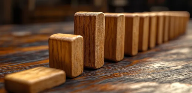 Hand blocking wooden dominoes from falling in a risk prevention concept scene