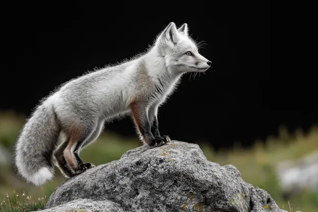 A white fox stands alert on a textured gray rock, ears forward, with a dark blurred background.