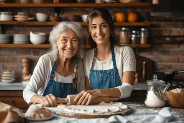 Smiling senior mother and adult daughter roll dough together on a kitchen table with flour and a rolling pin.