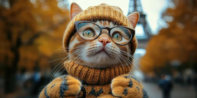Orange and white cat wearing glasses and a knitted hat while outdoors in front of autumn trees.