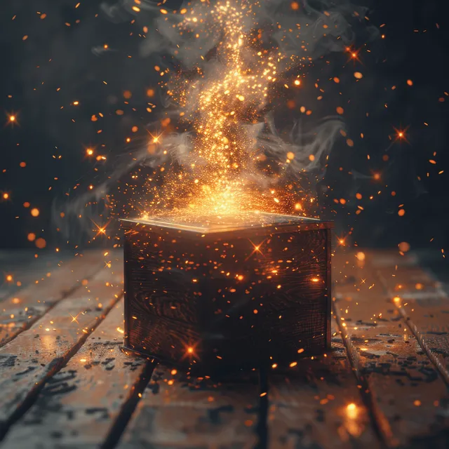 A wooden box on a dark tabletop emits golden sparks and swirling smoke, creating a glowing magical mist.