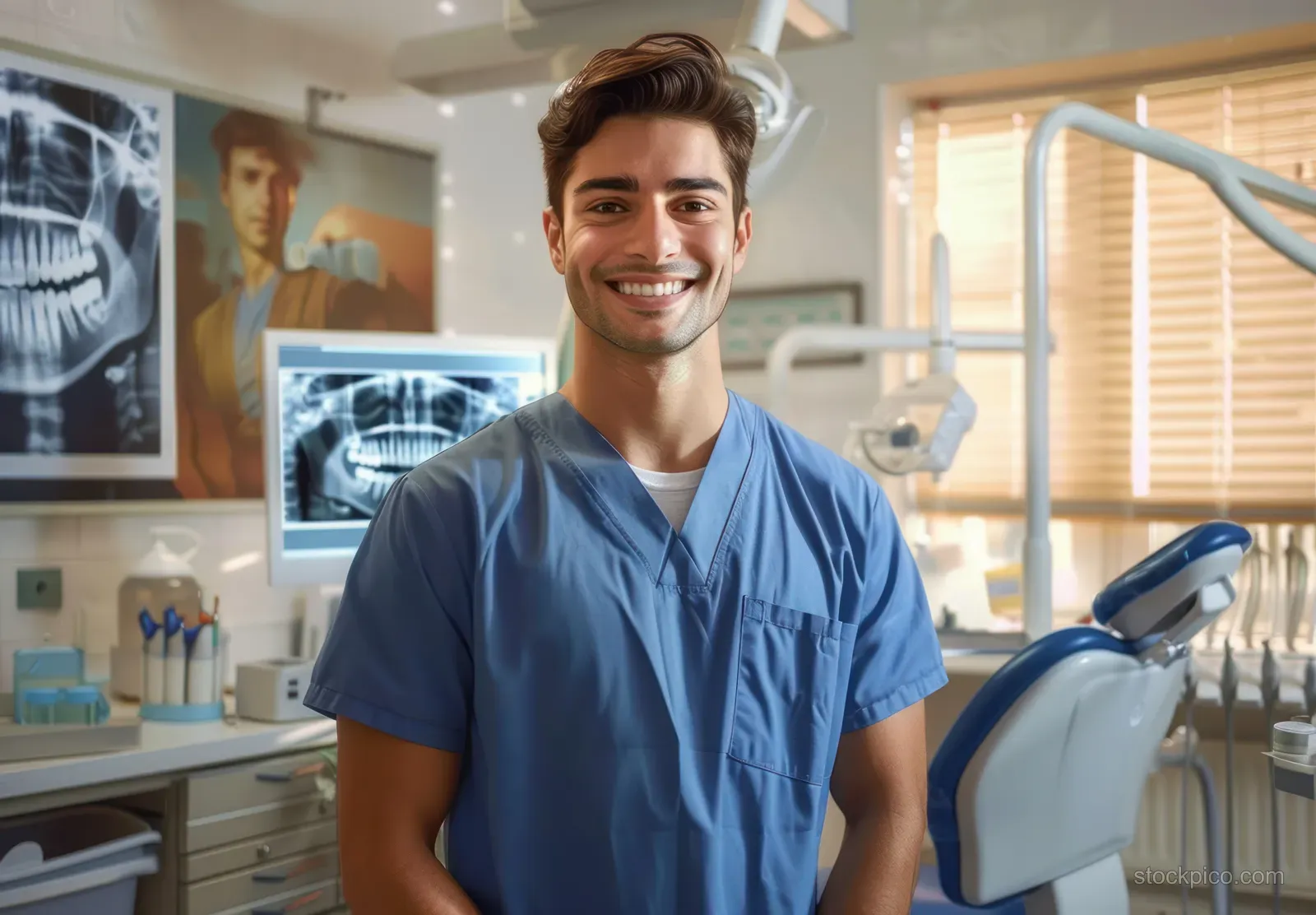 Male dentist in blue scrubs stands in a dental clinic office with x-ray images on the wall and a dental chair behind him.