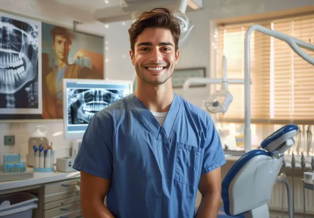 Male dentist in blue scrubs stands in a dental clinic office with x-ray images on the wall and a dental chair behind him.