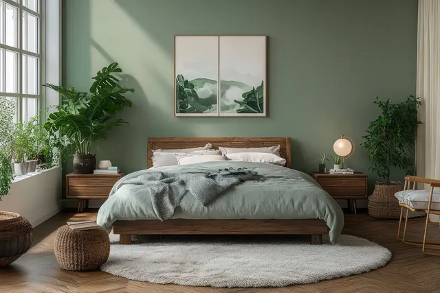 Minimalist Scandinavian bedroom interior with a wooden bed, sage-green wall, plush rug, warm lamp, and potted plants.