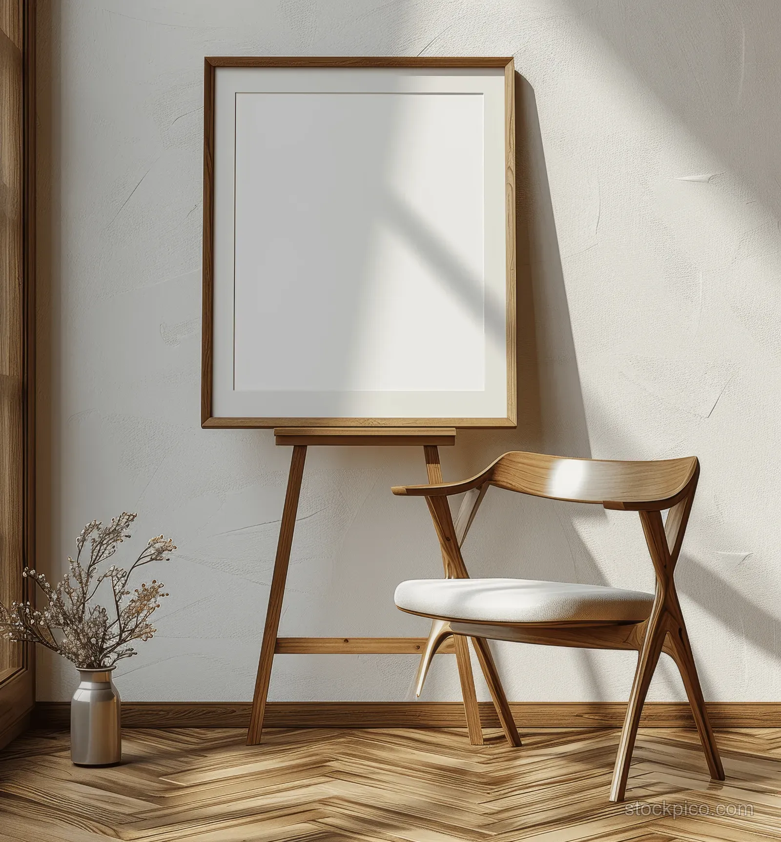 Light oak picture frame mockup on a stand beside a modern chair against an empty white wall.