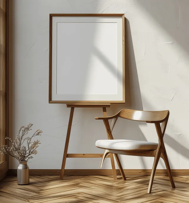 Light oak picture frame mockup on a stand beside a modern chair against an empty white wall.