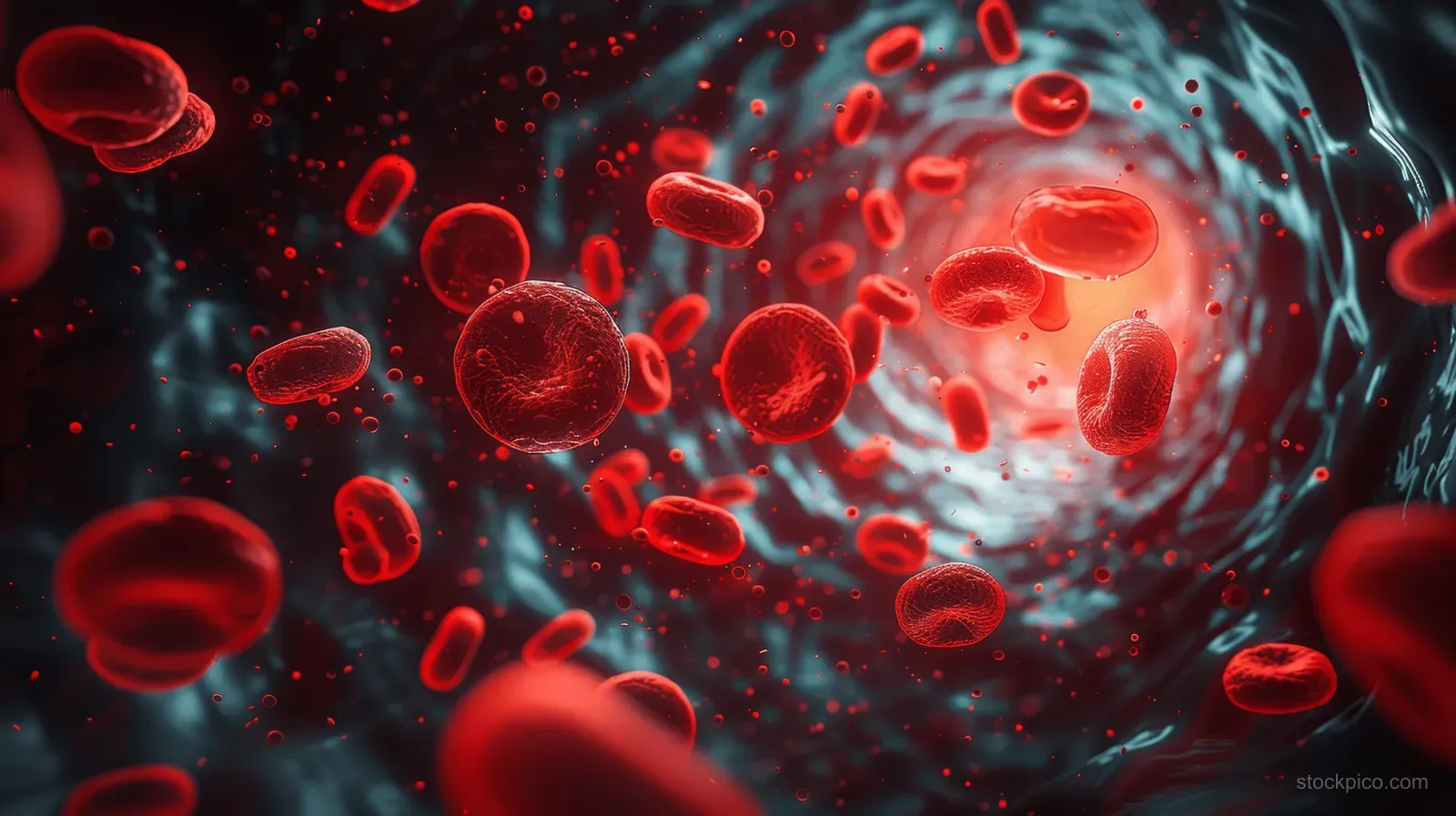 Red blood cells swirl and flow through a dark vein-like tunnel with glowing particles behind them.