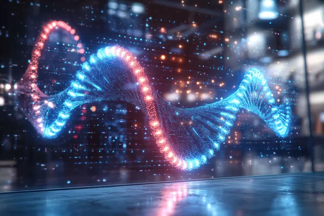 Glowing 3D DNA double helix floats in futuristic lab, blue red particles streaming between strands with Digital Science Visualization