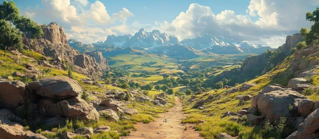 Mountain hiking trail through rocky terrain with green hills beneath a bright cloud-filled sky