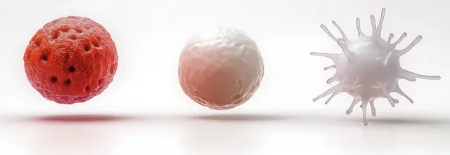 A red porous sphere, a smooth white sphere, and a spiky translucent cell float on a white background.