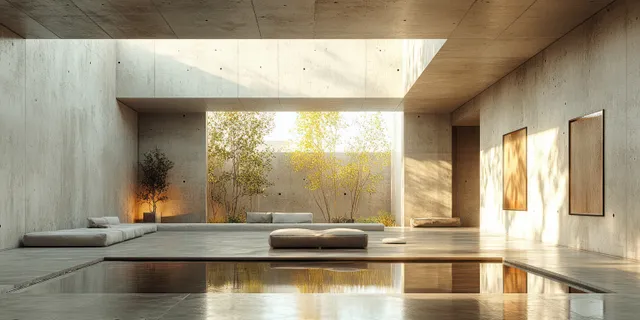Sunlight fills an empty concrete interior room, reflecting on a shallow pool and casting sharp shadows.