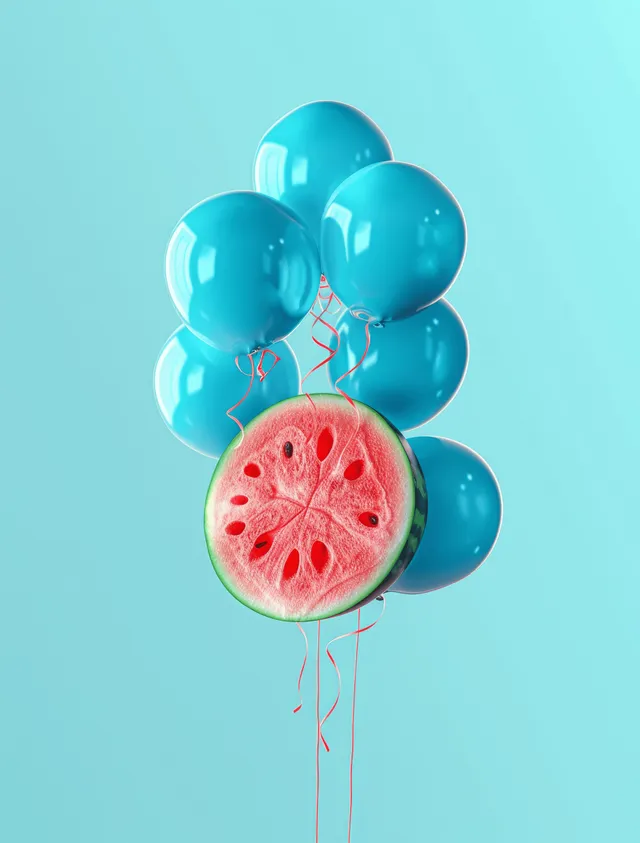 Watermelon slice lifted by blue balloons against pastel turquoise background in minimal 3D