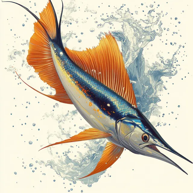 A marlin leaps from turbulent ocean waves in a Japanese woodblock style with splashes and vivid fin colors.