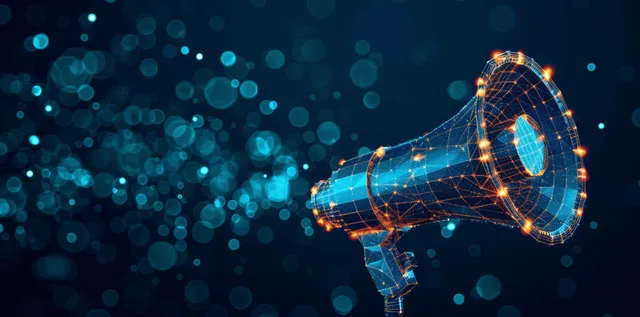 Neon digital megaphone emitting glowing particles and linked data lines on a dark blue background.
