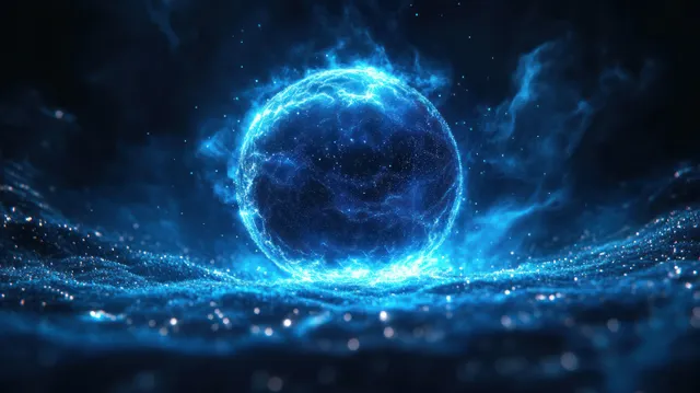 A glowing blue energy sphere emits electric arcs and drifting luminous particles on a dark cosmic background.