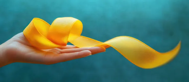 Close-up of a hand holding a flowing shiny yellow ribbon against a soft blue background.