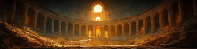 Ancient Roman colonnade interior with arches and a glowing lantern casting long shadows over stone steps.