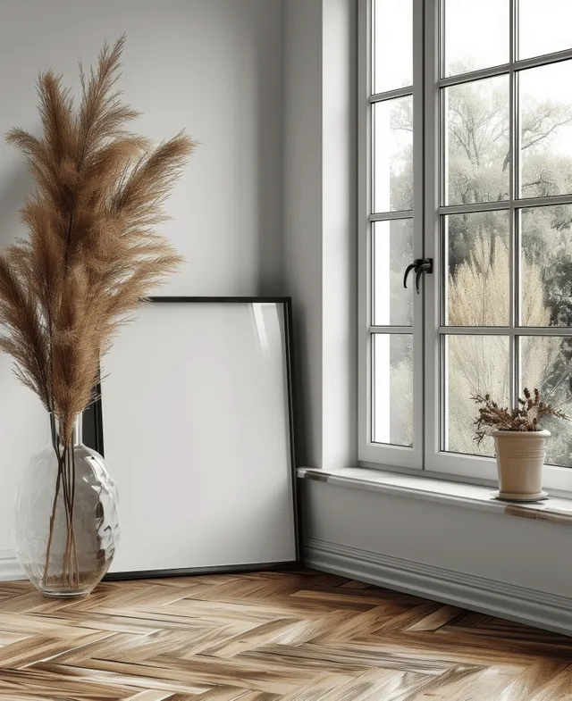 Blank poster frame mockup leaning beside a window in a bohemian interior with a vase of dried pampas grass and neutral decor.