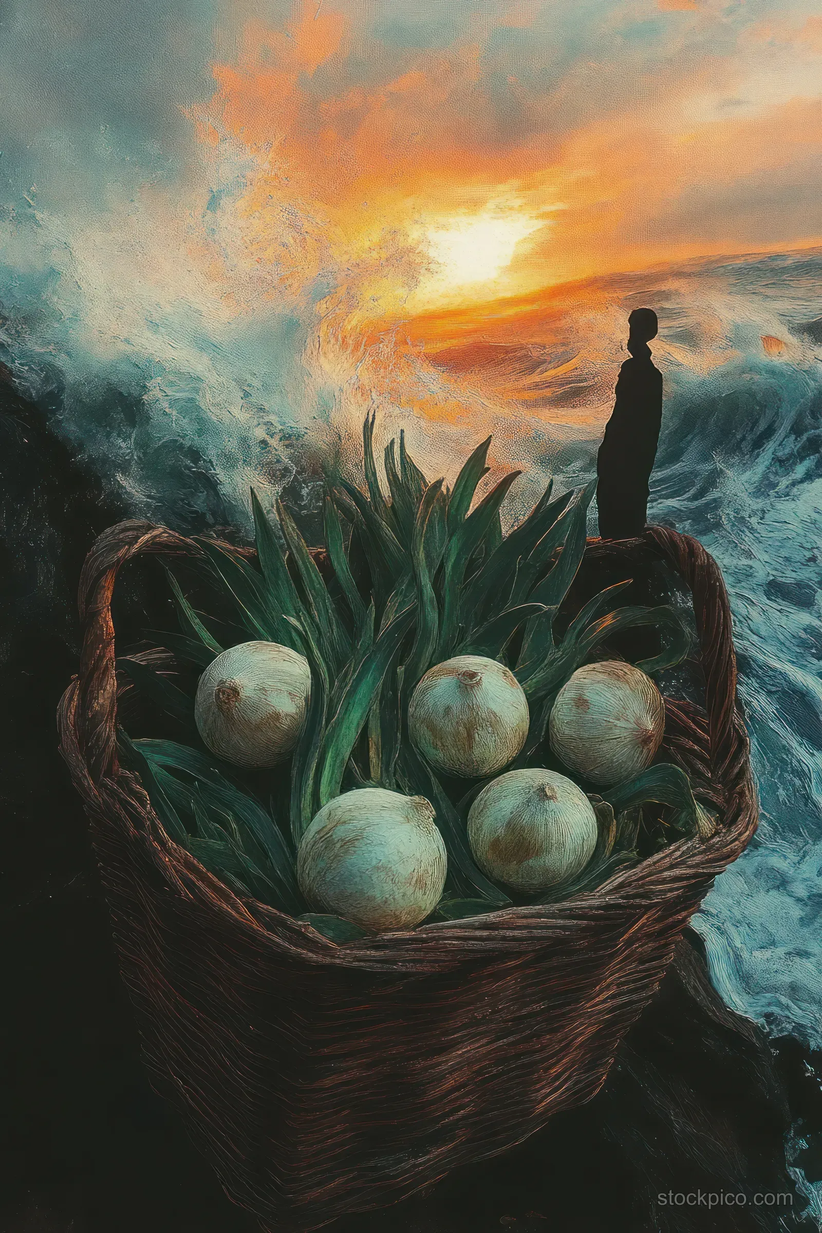 Woven basket of white onions with green tops beside a foamy ocean wave at a sunset with a silhouetted figure.