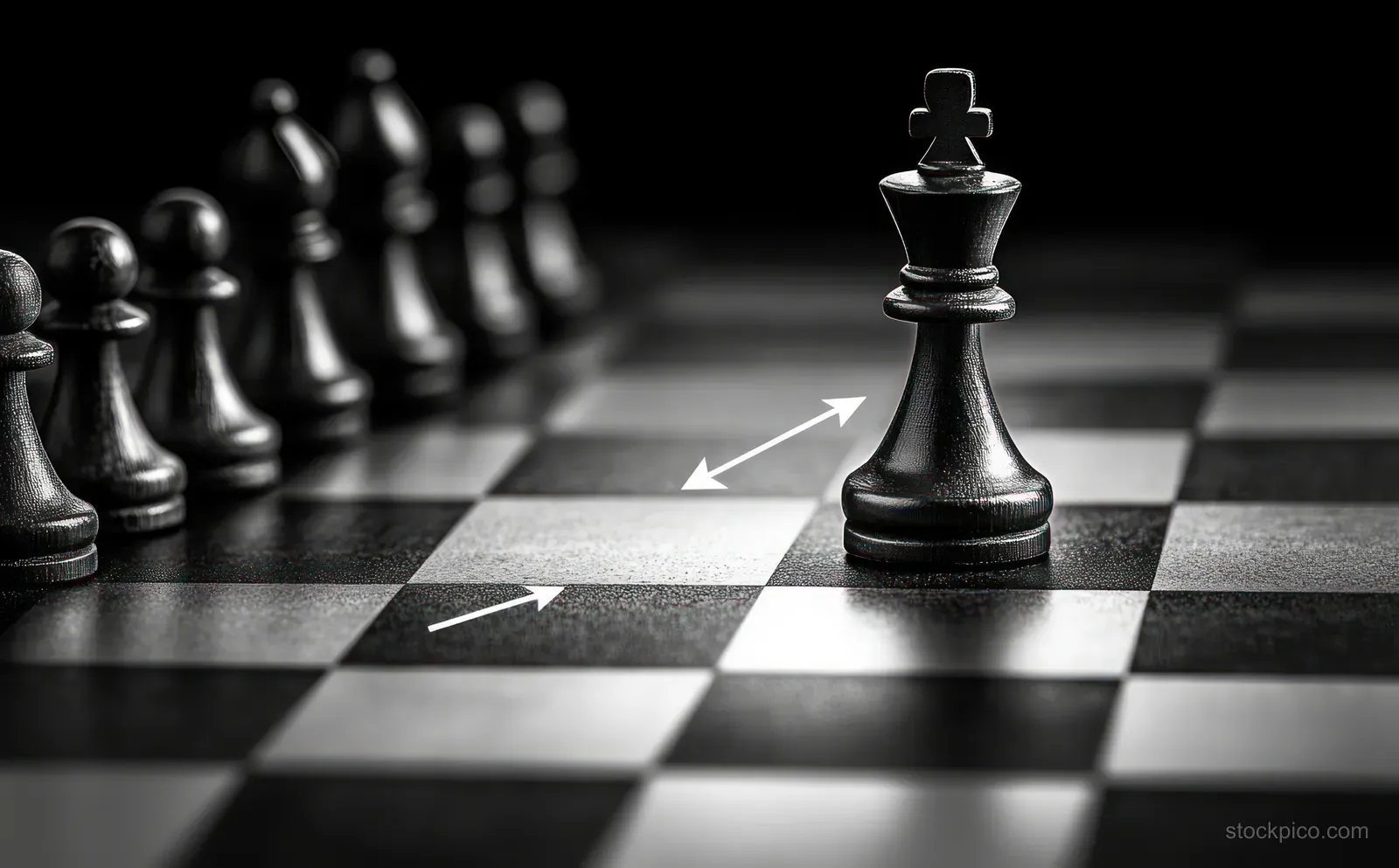 A chess king piece on a checkered board with arrows pointing forward toward a leadership replacement plan.