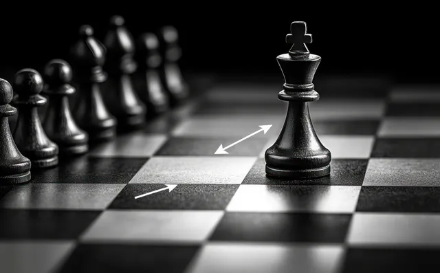 Chess king pawn replaced as arrows point ahead, succession planning concept in boardroom light