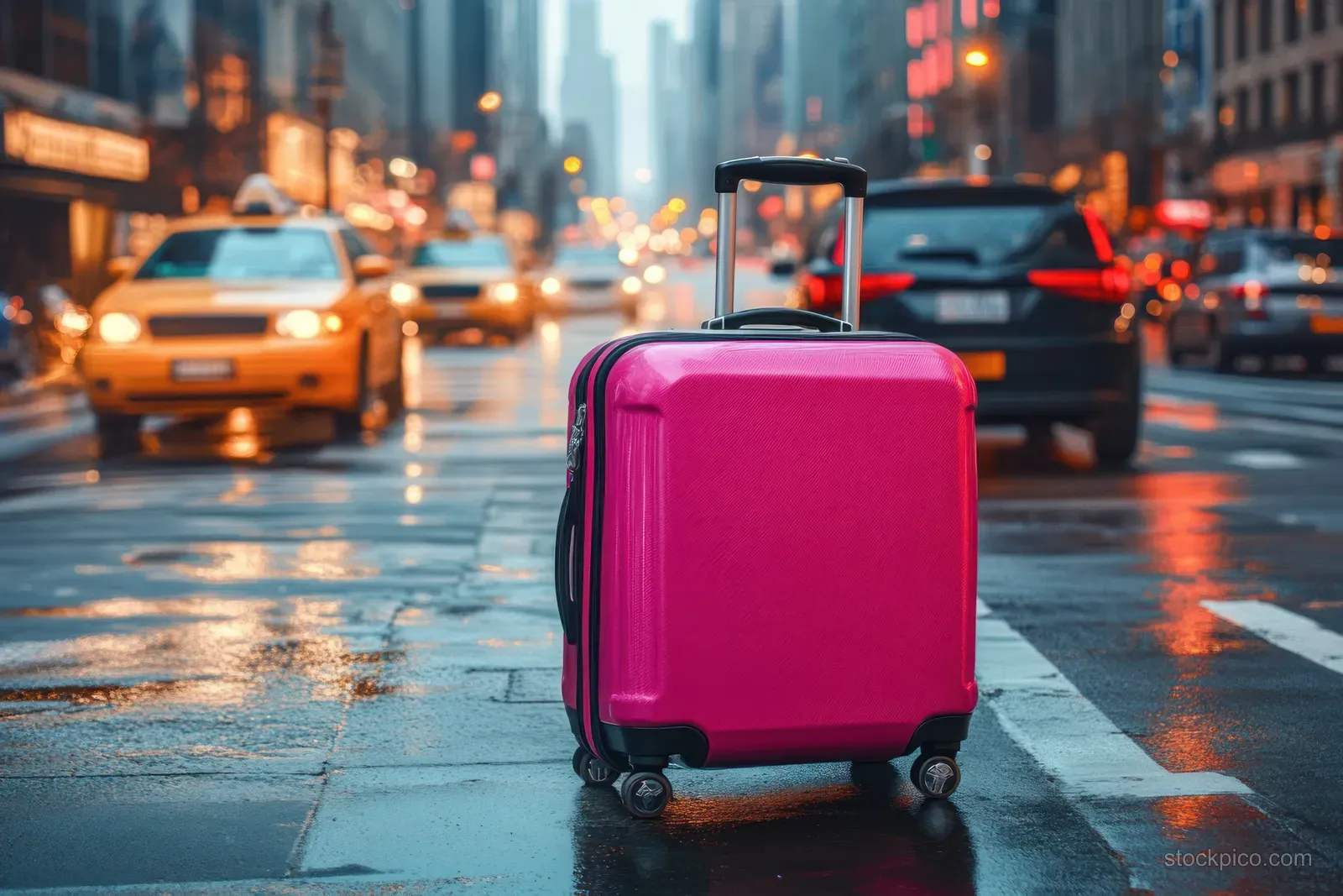Bright pink rolling suitcase on a wet city street with taxis and traffic lights in the evening background.