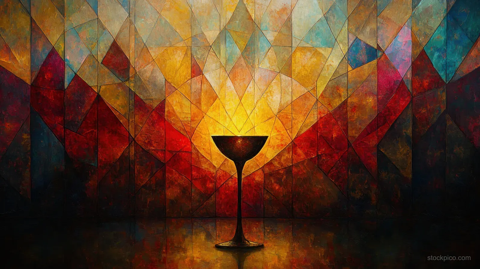 A glowing communion chalice stands centered against a stained-glass geometric mosaic backdrop of red, gold, and teal.