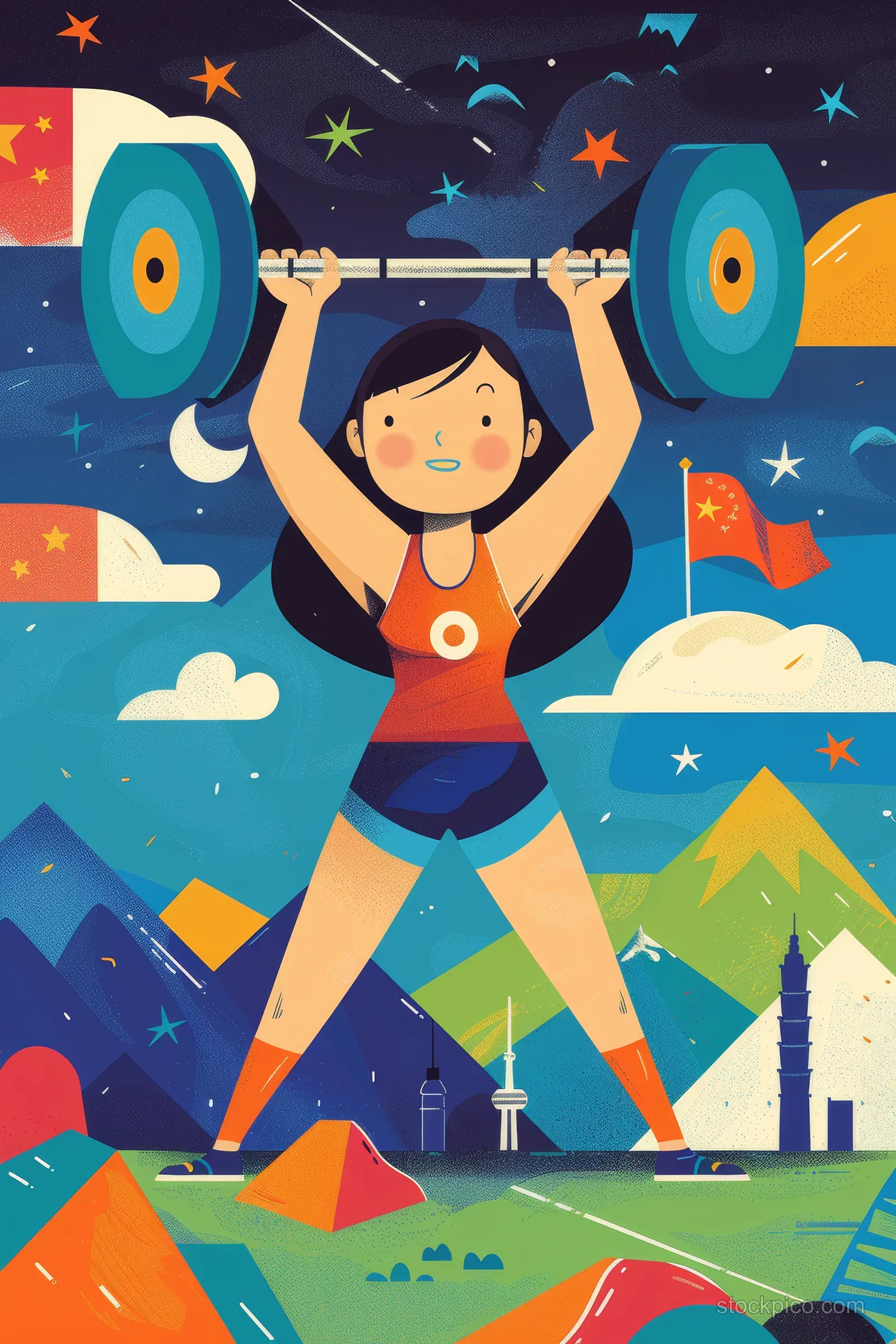 Cartoon woman in Taiwan colors lifts a 55 kg barbell while stars, flags, and stadium icons surround her.