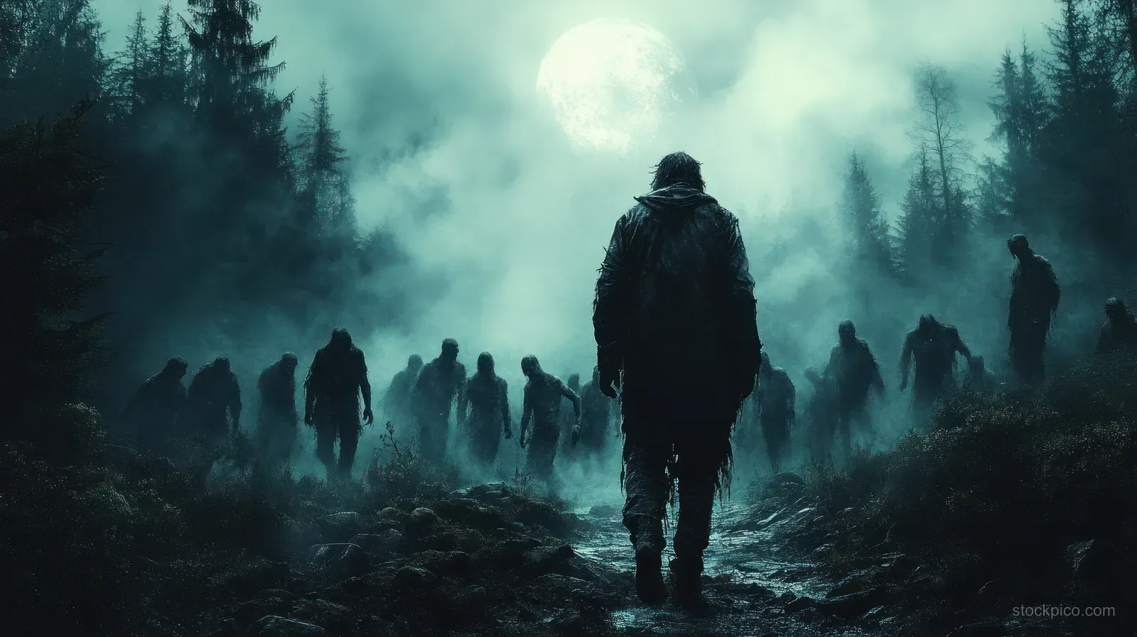 A lone man walks through a foggy forest path while silhouetted zombies surround him under a glowing moon.