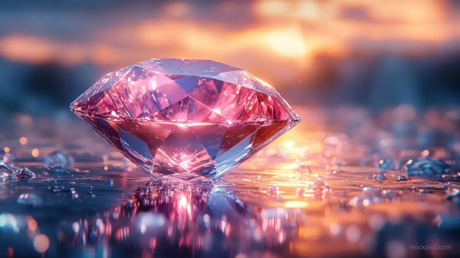 A floating faceted crystal gem glows above shimmering casino chips with pink-blue reflections.