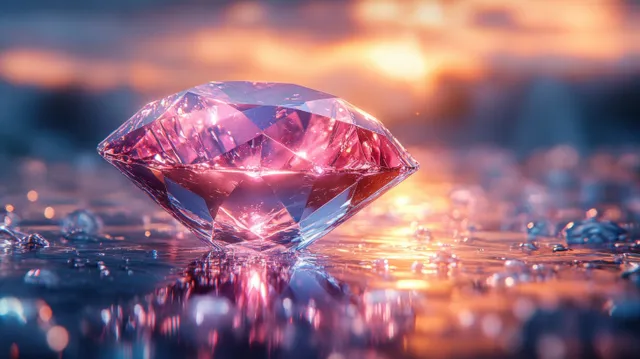 Crystal gem floating above glowing casino chips with pink-blue reflections and faceted glow
