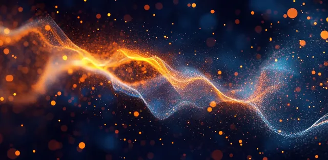 Glowing orange-blue particle streams form a swirling galaxy with connected node-like network patterns on a dark background.