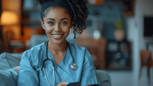 Smiling African American Nurse Holding Smartphone in Hospital Office