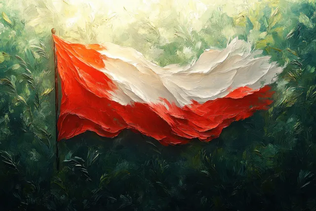 A red and white flag waves through green foliage with sunlight streaming in behind it.