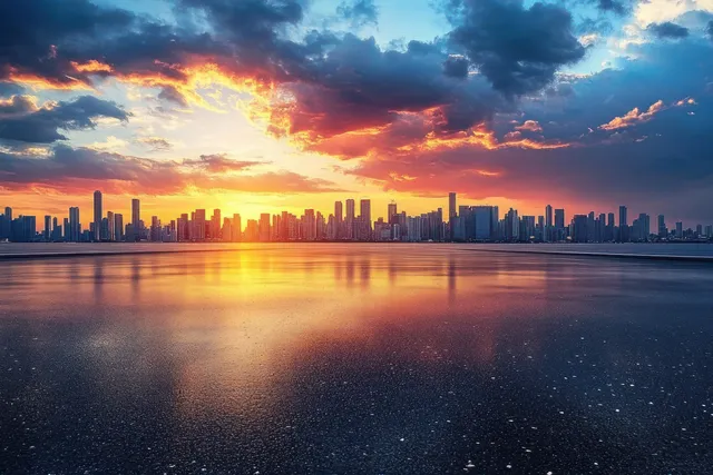 Modern city skyline silhouetted at sunset with orange reflections across calm water under dramatic clouds.