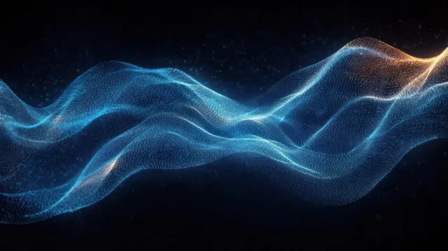 Glowing blue and orange connected particle wave undulates across a dark space background.