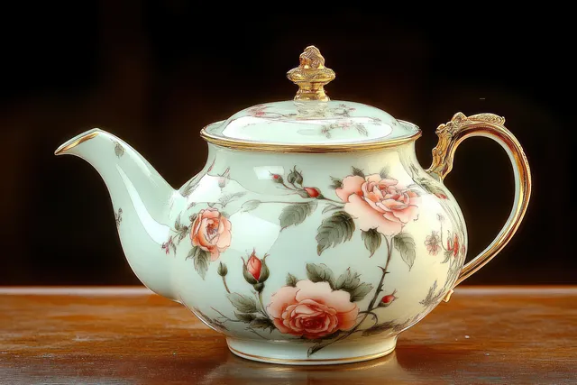 Vintage porcelain teapot painted with pink roses and gold trim sits on dark wood against a black background.