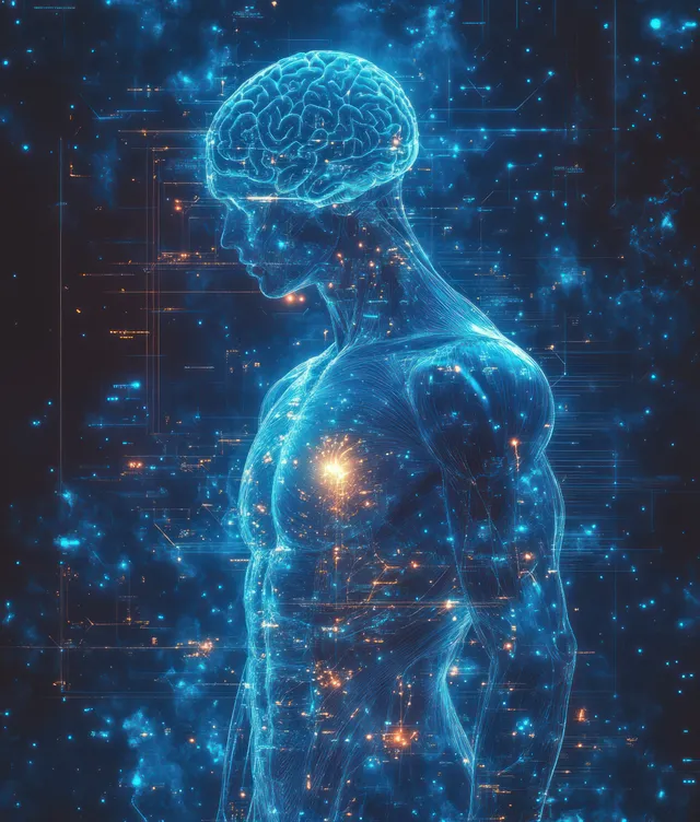 Glowing human brain silhouette with headache and stress effects in a blue-lit office cyber background.