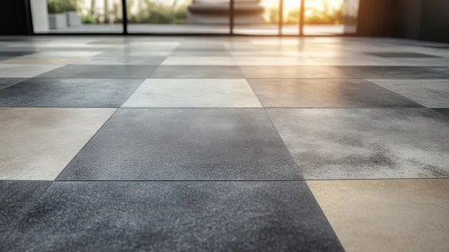 Gray and beige textured floor tiles with polished reflections and diagonal grout lines under warm sunlight.