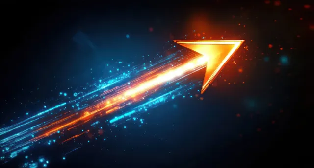 Glowing orange upward arrow with blue light streaks on a dark energetic background