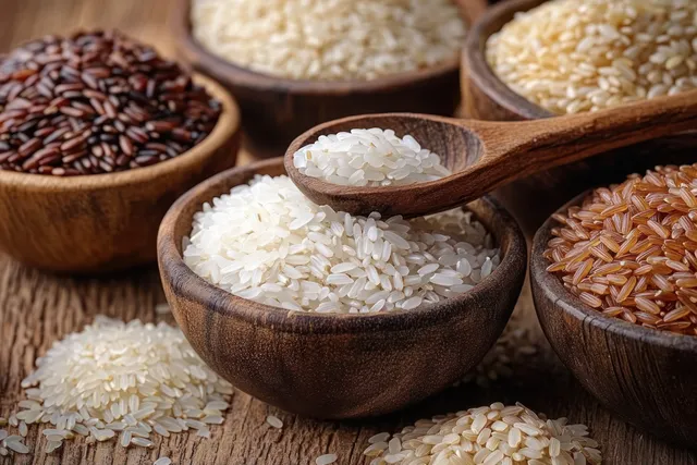Assorted uncooked rice grains in rustic wooden bowls with a spoon on a wooden tabletop.