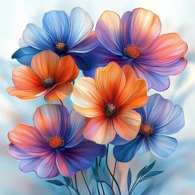 Six cosmos flowers with blue, orange, and purple petals on dark stems against a soft pastel background.